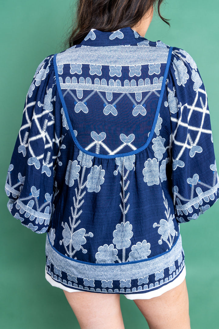 Blue Plus Size Floral Printed Notched Neck Long Sleeve Blouse