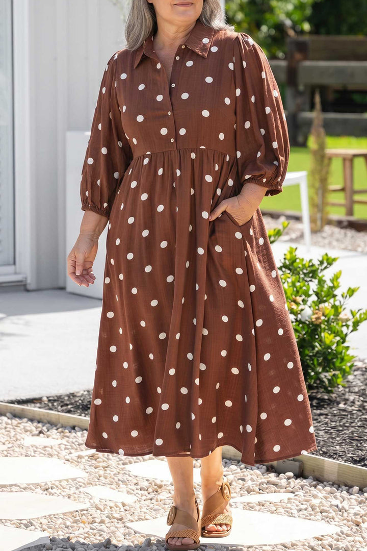 Brown Polka Dot Abdomen Pocket Gathered Cuffs Long Sleeve Shift Plus Size Dress