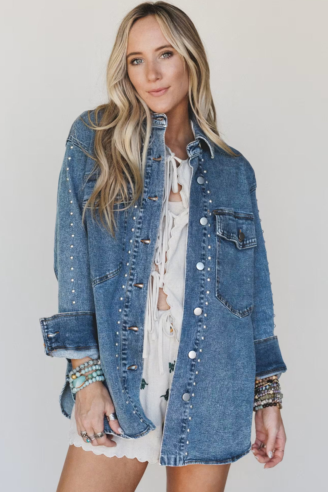 Sail Blue Rivet Embellished Western Style Regular Fit Denim Jacket