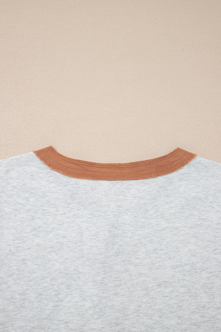 Light Grey Raw Seam Color Block Detail Buttoned Henley Tee