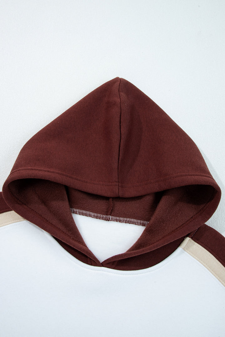 Coffee Color Block Patchwork Athleisure Hooded Sweatshirt