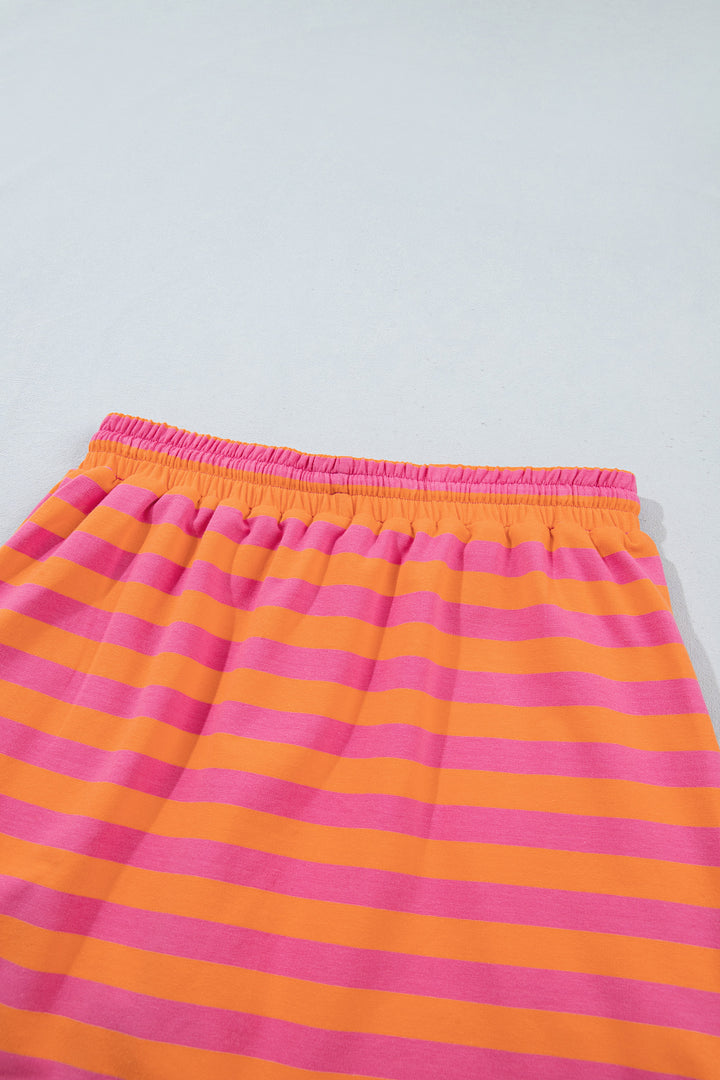 Orange Stripe Color Block Patchwork Mock Neck Pullover Drawstring Mini Skort Set