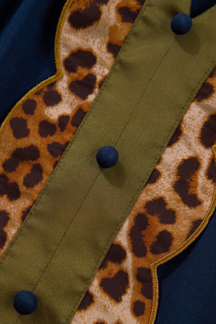 Navy Blue Leopard Metallic Trim Short Sleeve Tunic Dress