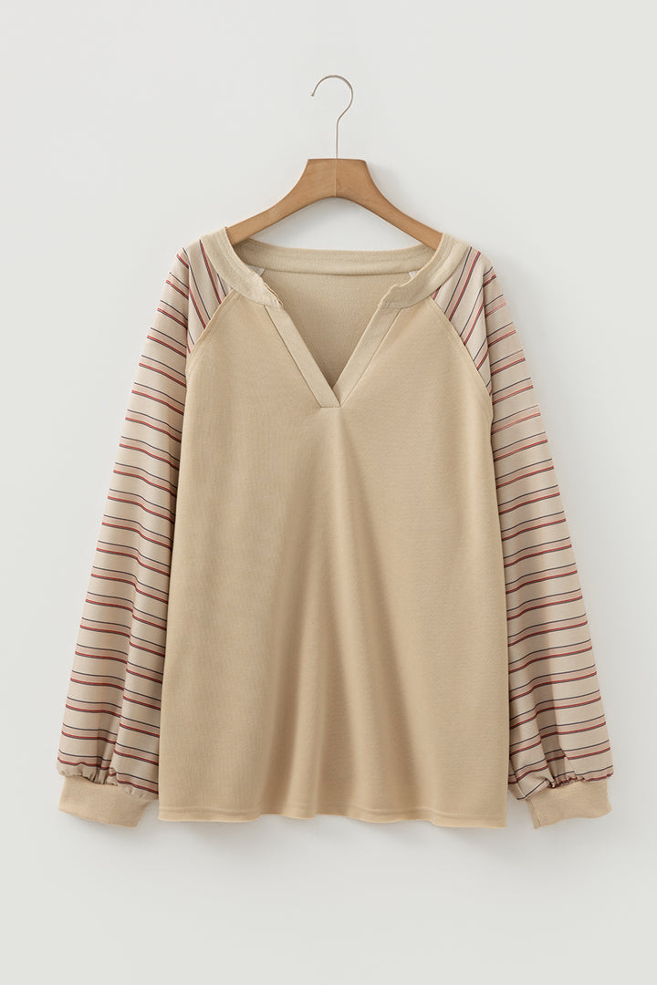 Parchment Striped Notched Neck Raw Edge Plus Size Jumper