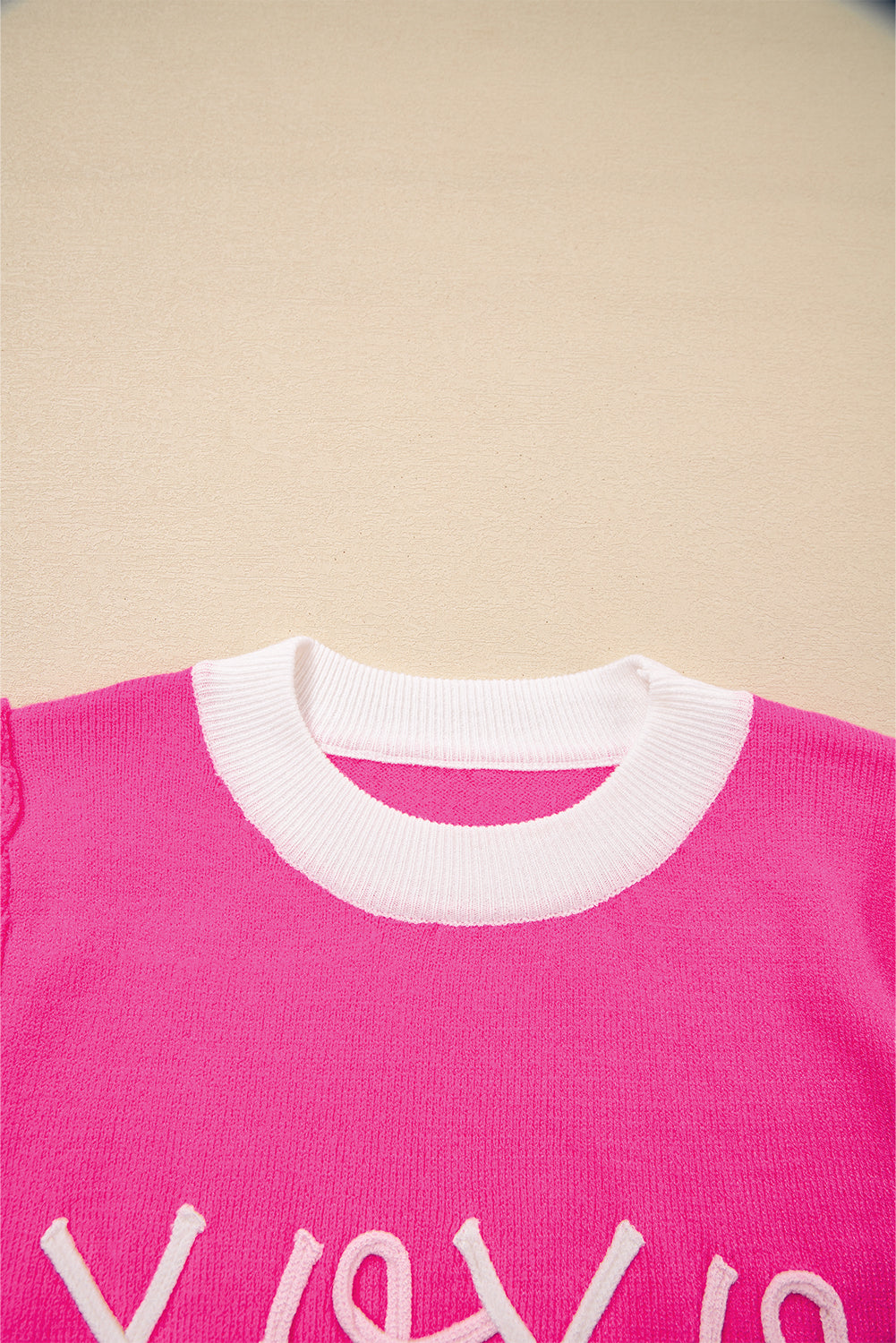 XOXO Embroidered Graphic Valentines Contrast Trim Crew Neck Short Puff Sleeve Sweater Tee