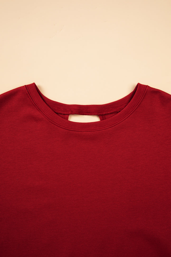 Racing Red Ribbed Detail Drop Shoulder Cutout Back Sweatshirt