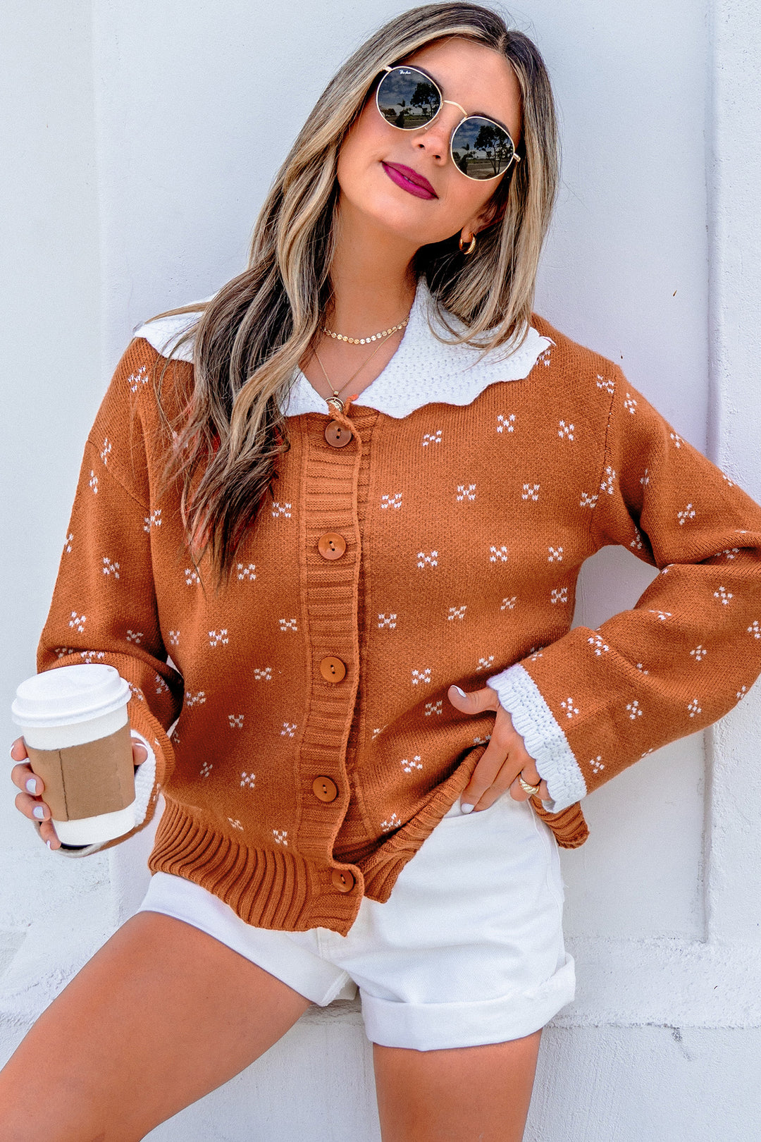 Orange Peter Pan Collar Colorblock Long Sleeve Knitwear Cardigan