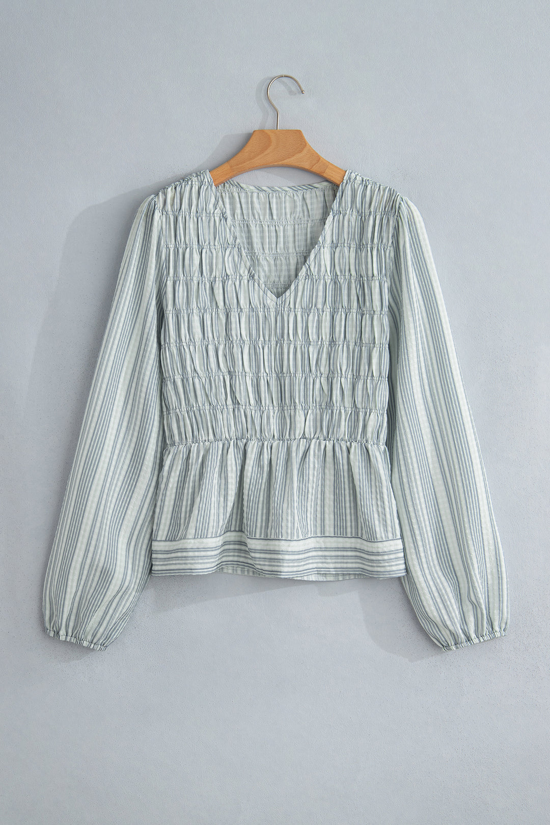 Blue Stripe V Neck Shirred Long Sleeve Blouse