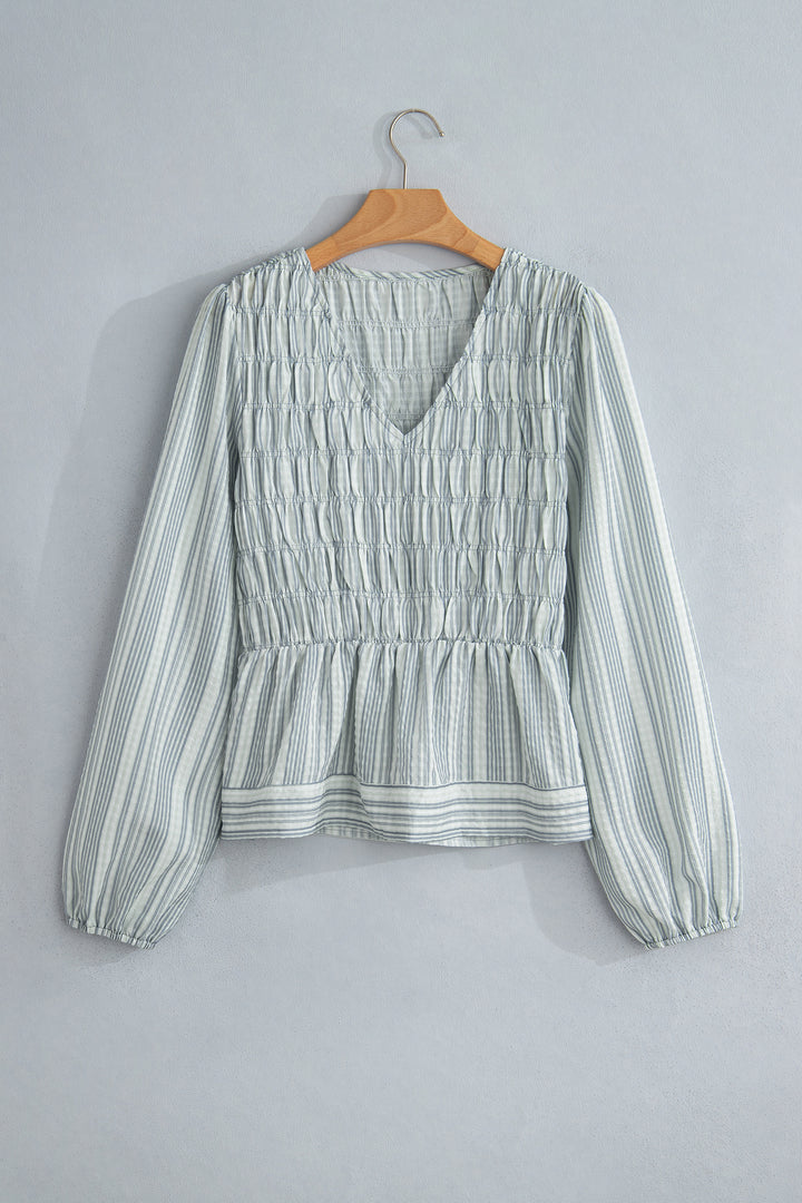 Blue Stripe V Neck Shirred Long Sleeve Blouse
