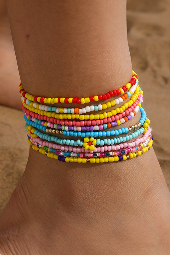Flower Random Color Multi Layered Beaded Anklet Set