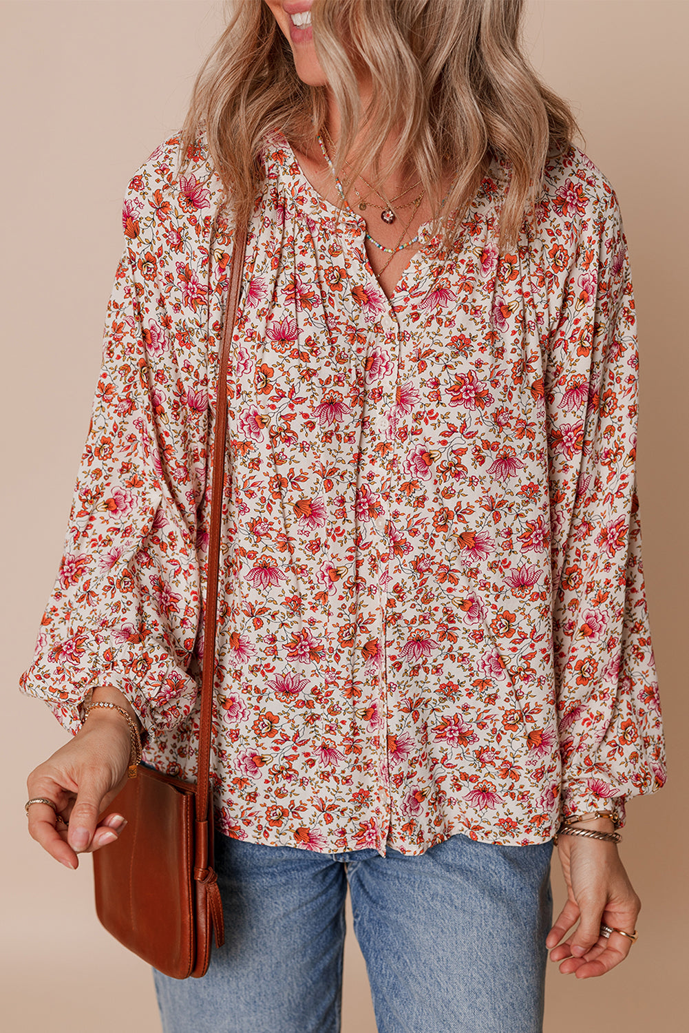 Floral Print Pleated Detail Notched Neck Puff Sleeve Blouse