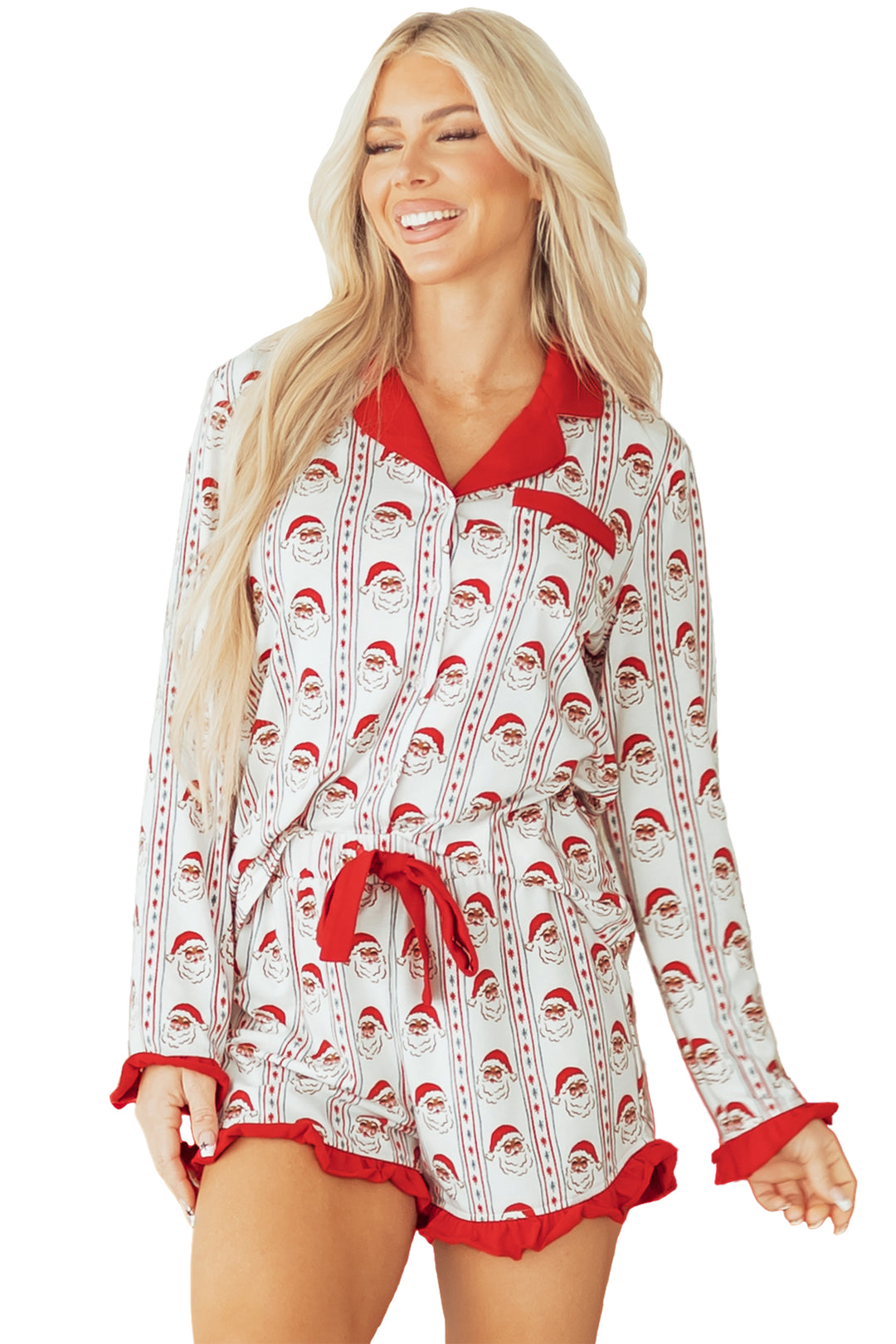 White Santa &amp; Stripes Ruffle PJ Set