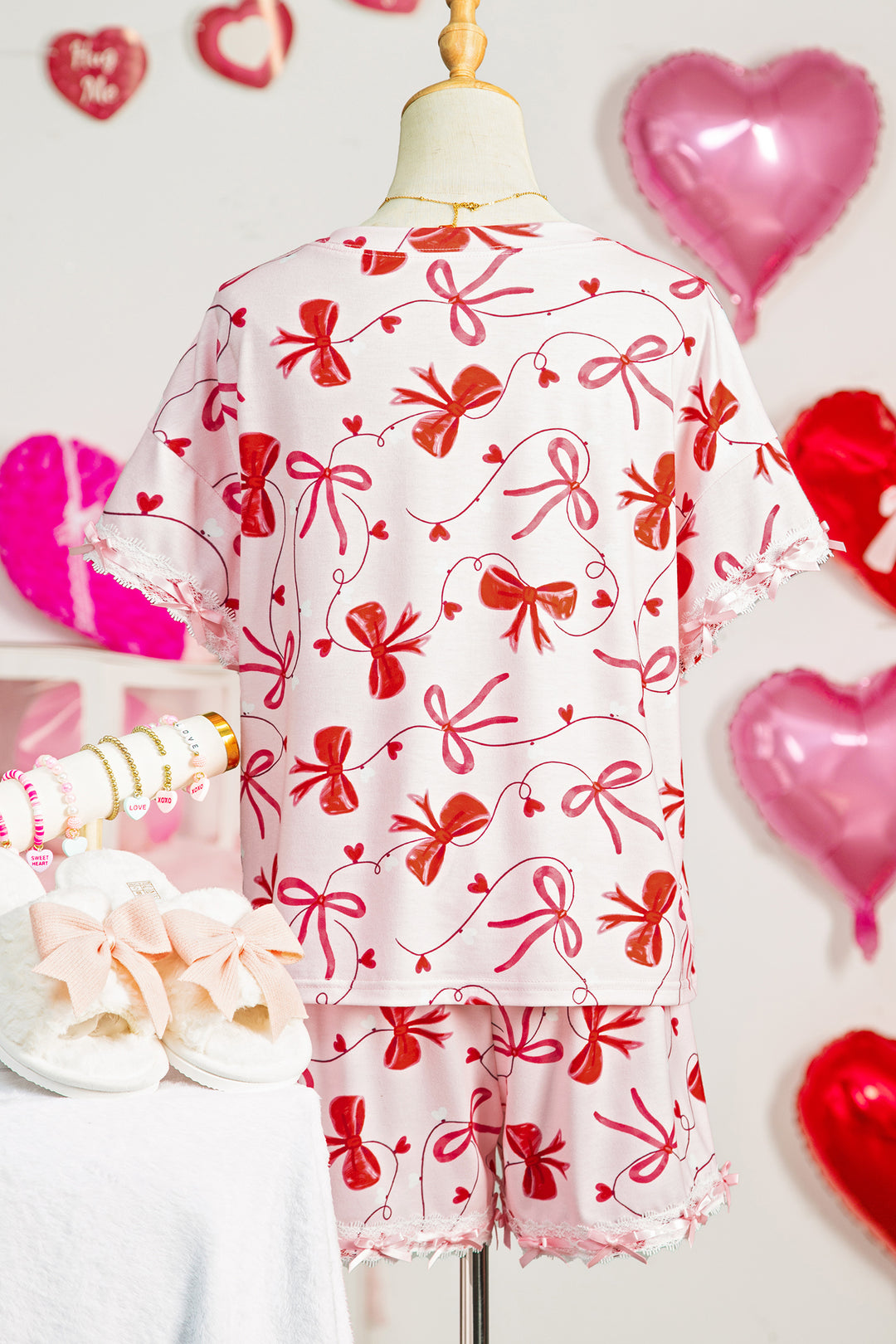 Red Romantic Bow Print Loose Tee Drawstring Shorts 2pcs Lounge Set