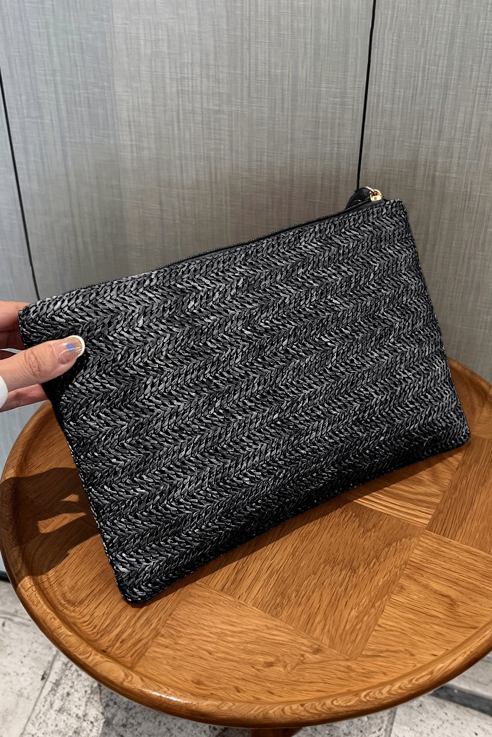 Straw Woven Wrist Strap Zipper Large Wallet