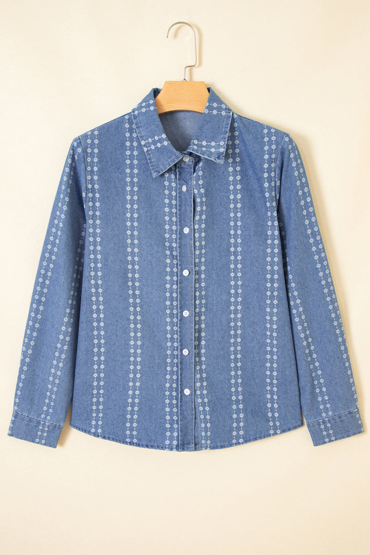 Myosotis Floral Print Button-Down Long Sleeve Denim Shirt