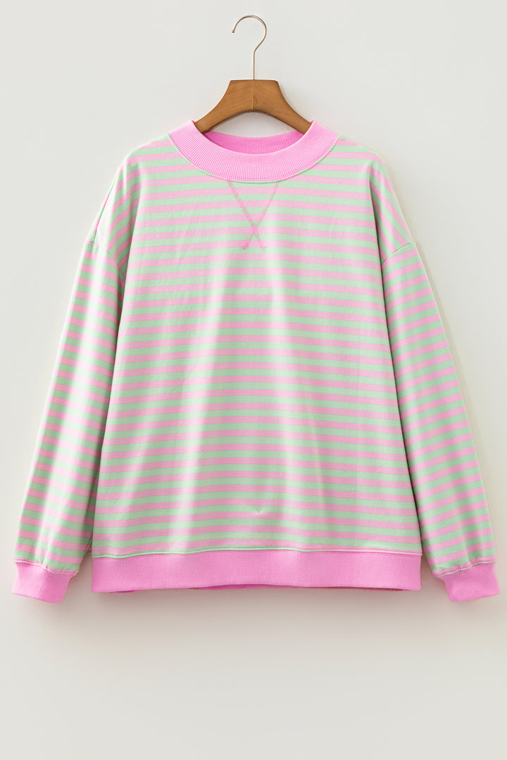 Green Stripe Striped Stand Neck Long Sleeve Sweatshirt