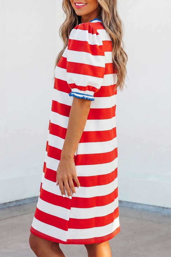 Red Stripe Contrast Trim Round Neck Short Puff Sleeve Shift Mini Dress