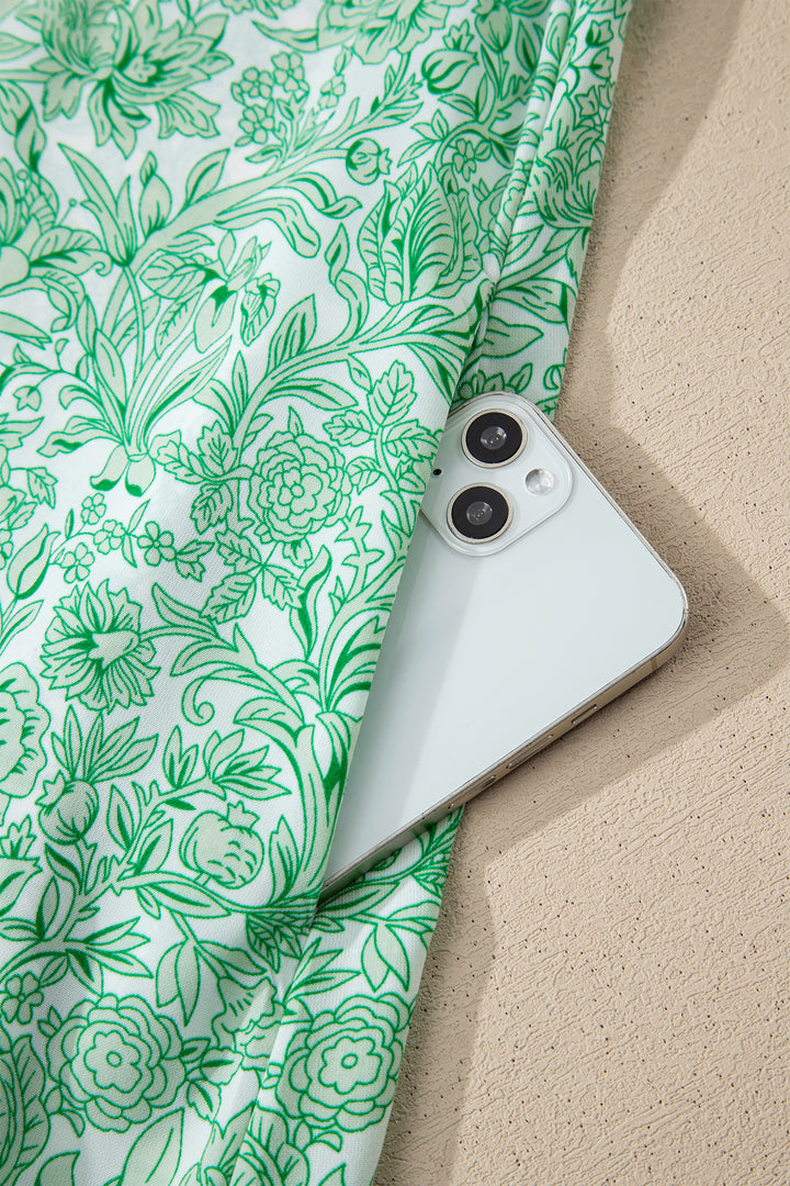 Green Floral Print Color Block Patchwork V Neck Short Sleeve Midi Dress