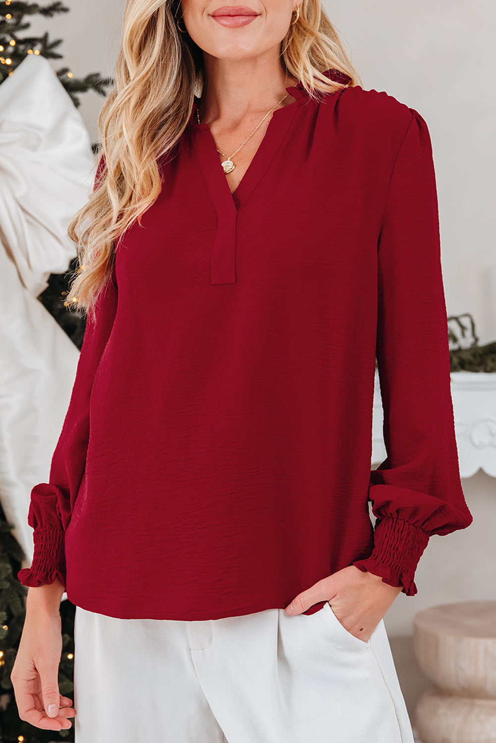 Notched Neck Shirred Cuff Long Sleeve Blouse