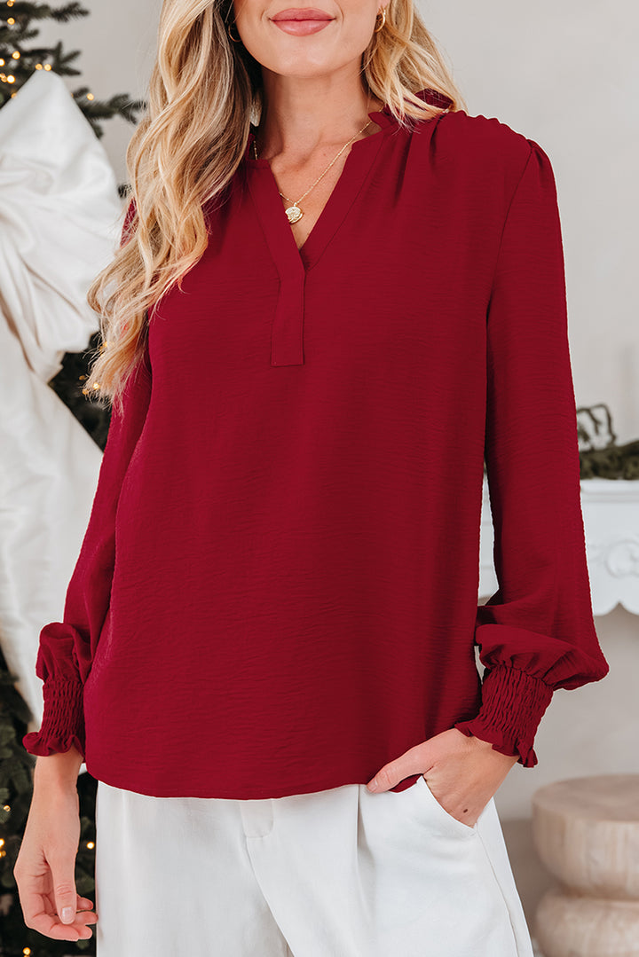 Notched Neck Shirred Cuff Long Sleeve Blouse