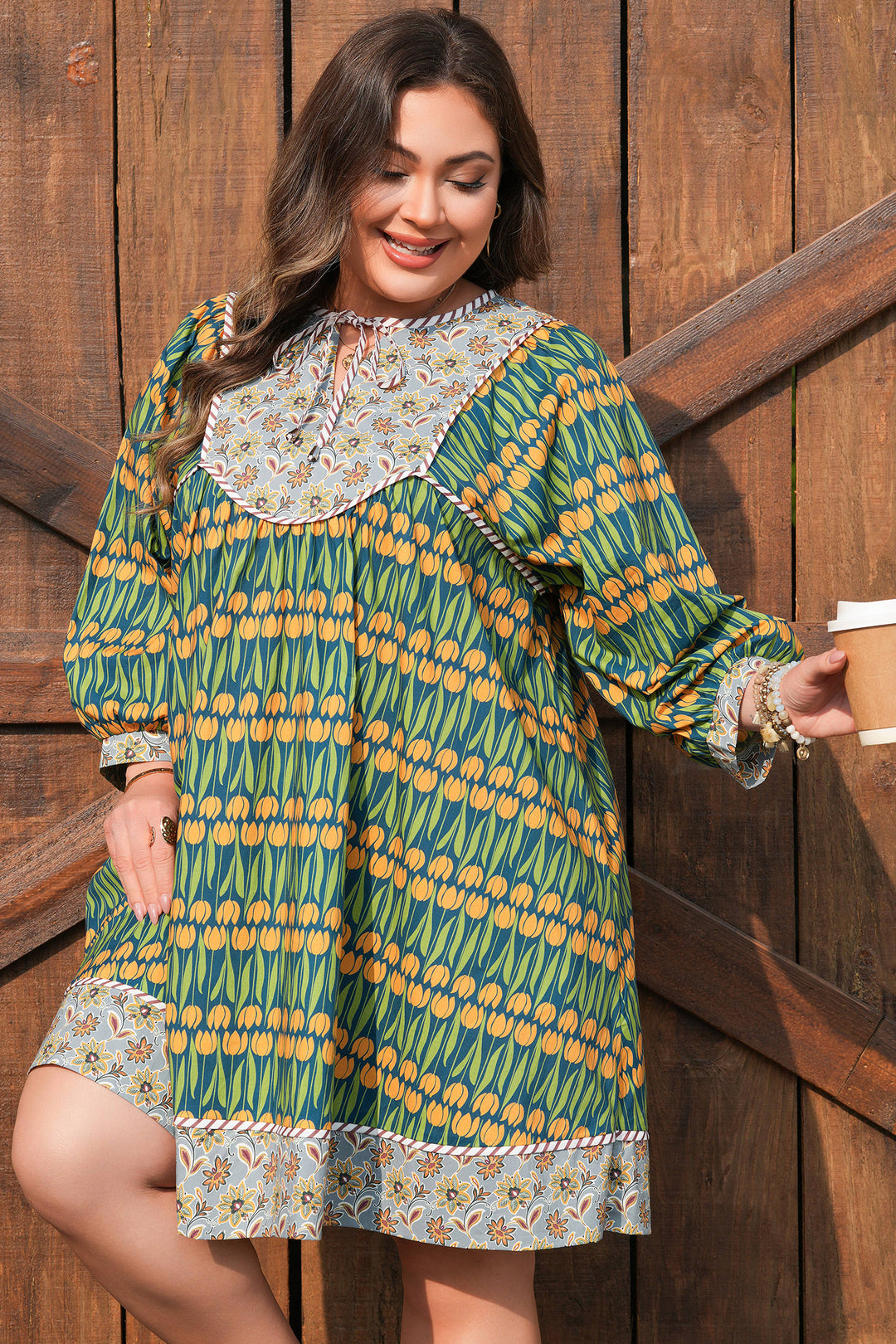 Green Plus Size Mixed Floral Print Striped Trim Loose Cotton Mini Dress