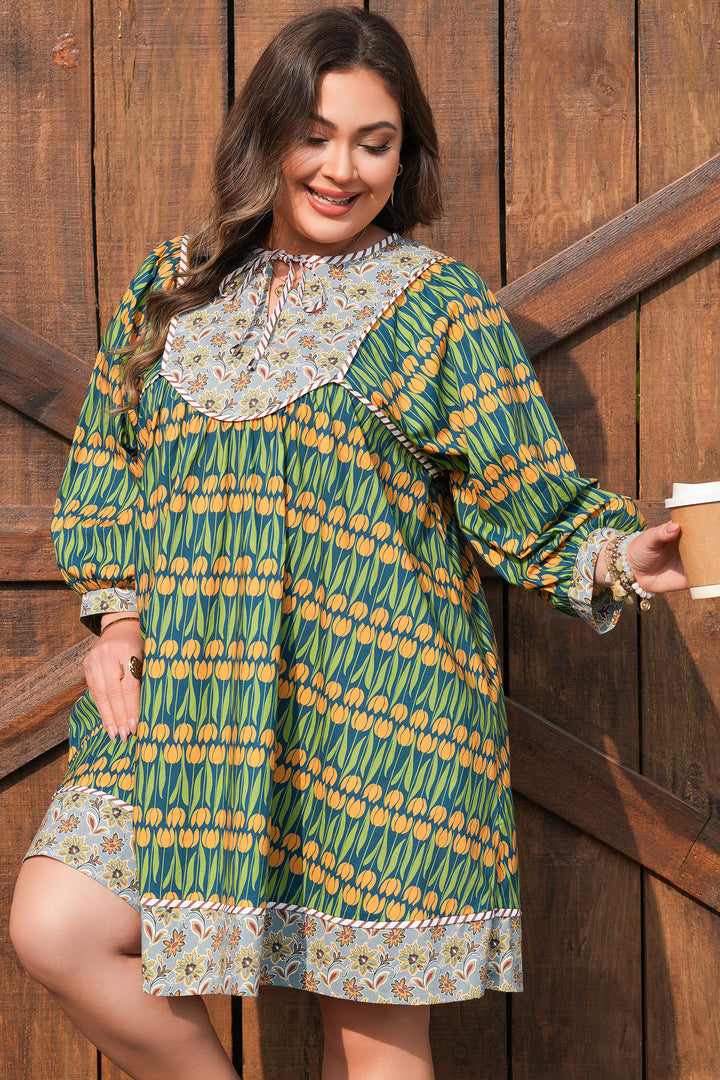 Green Plus Size Mixed Floral Print Striped Trim Loose Cotton Mini Dress