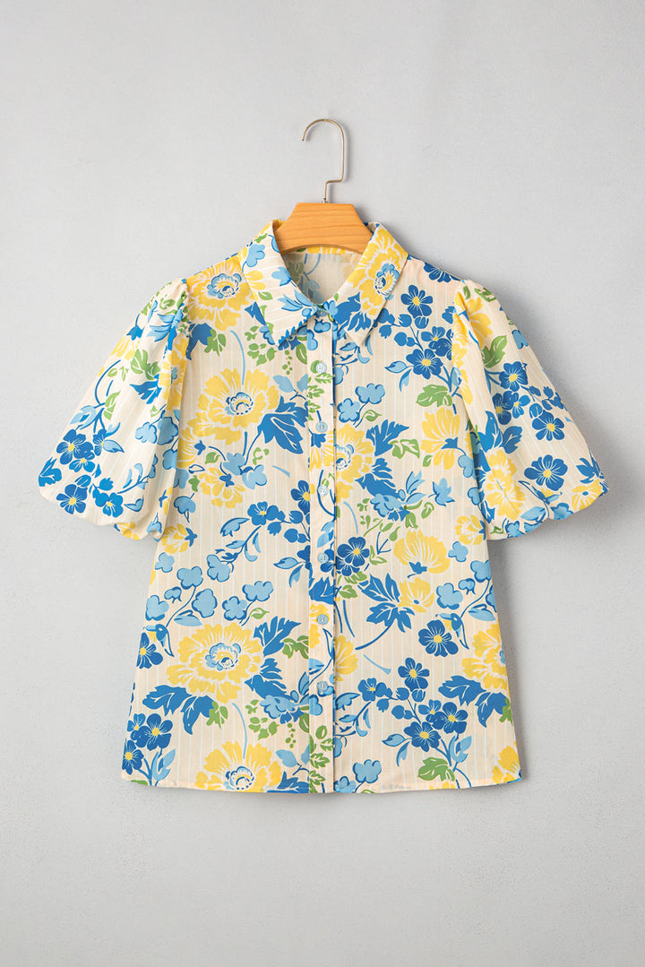 floral striped mixed print puff short sleeve blouse