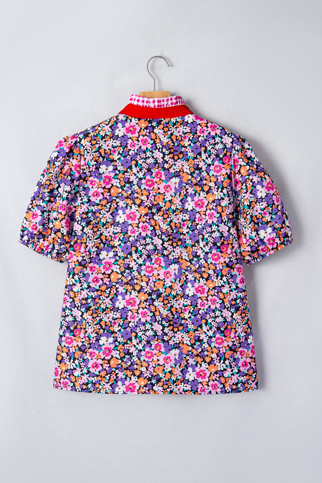 Purple Ditsy Floral Print Plaid Colorblock Trim V Neck Blouse