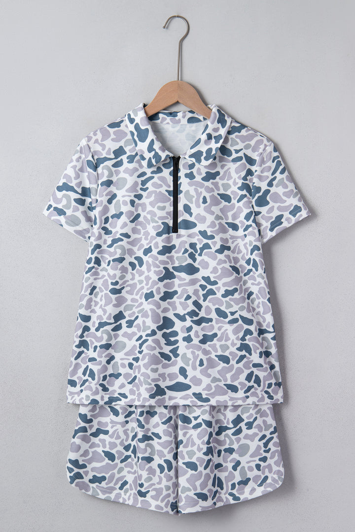 Multicolour Abstract Patterned Polo Collar T Shirt and Shorts Set