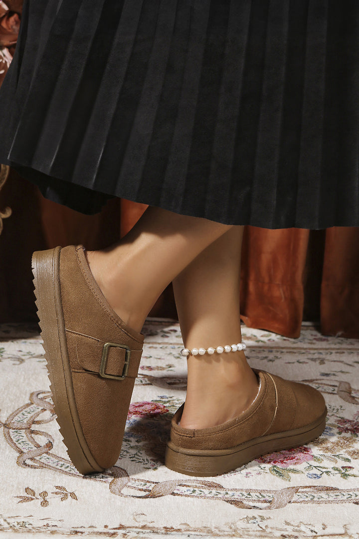 Faux Suede Buckle Strap Detail Winter Clog Slippers