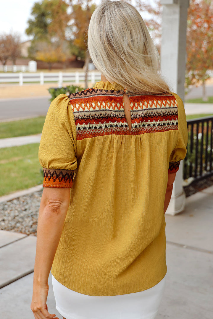 Geometric Short Puff Sleeve Frilled Collar Blouse