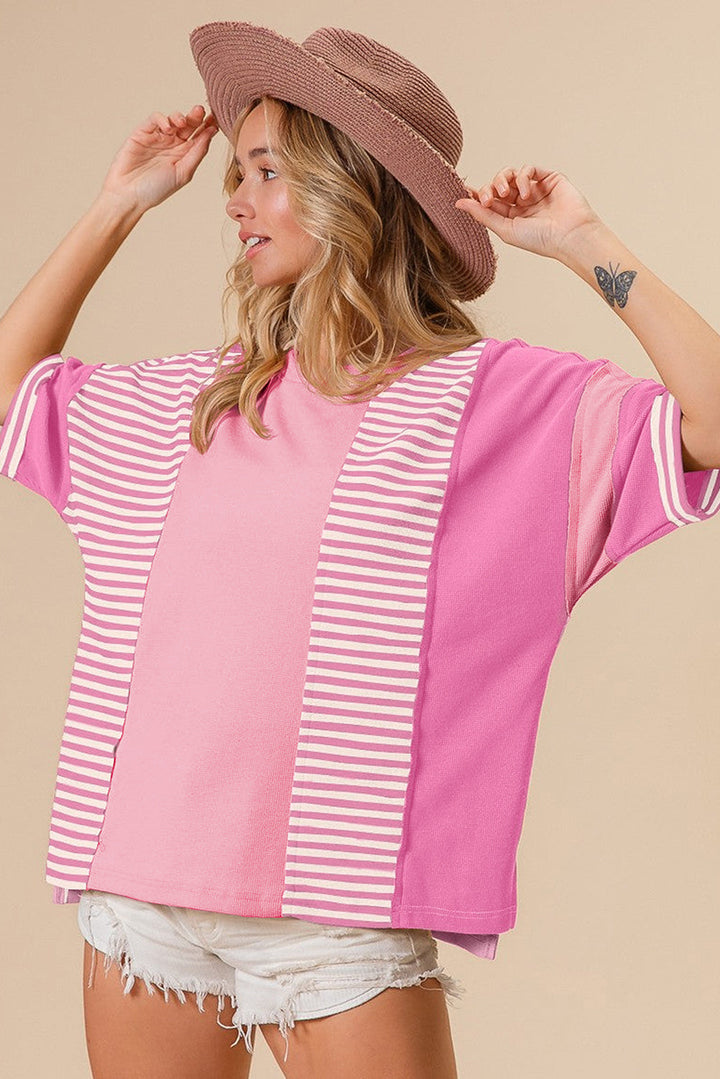 Color Block Patchwork Loose Half Sleeve T Shirt