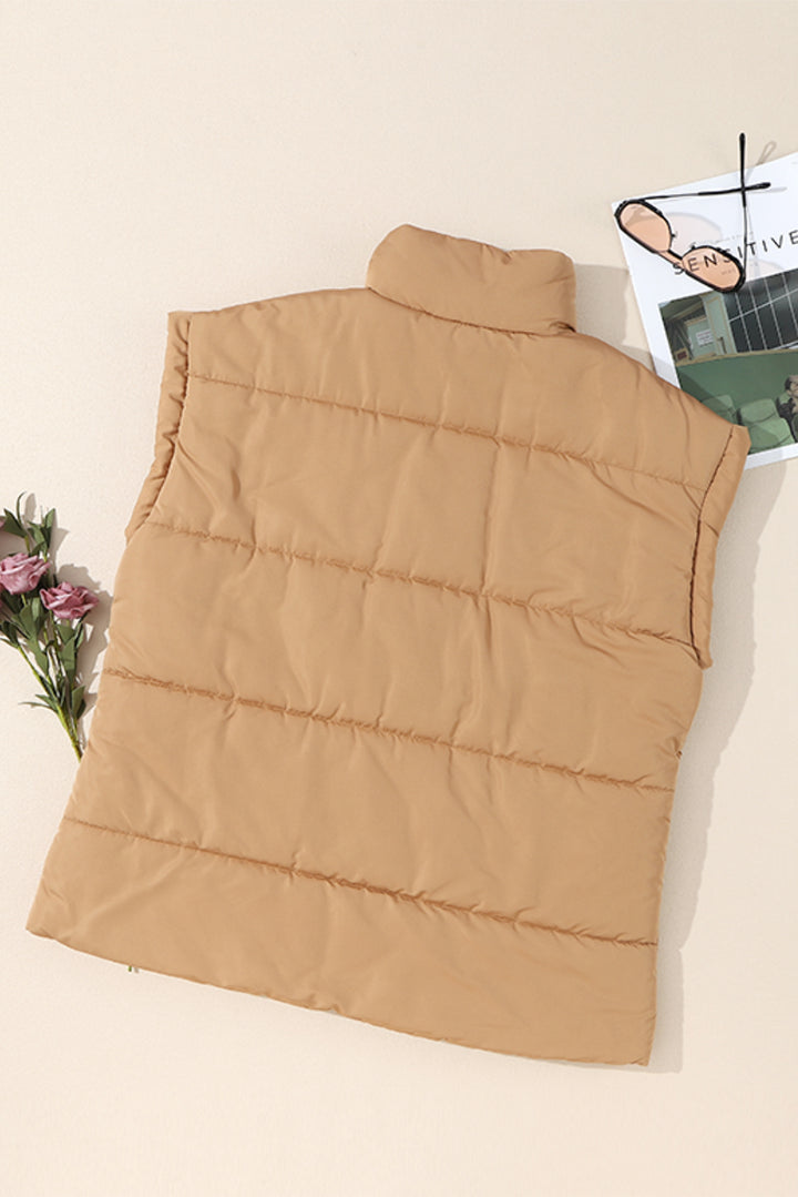 Khaki Oversized Stand Collar Zip Winter Vest