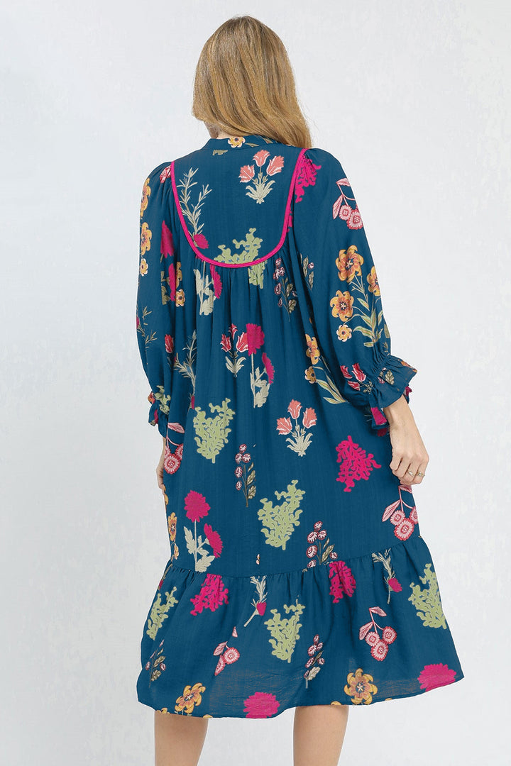 Chic Blue Floral Print Gathered Neckline 7/8 Sleeve Casual Midi Dress