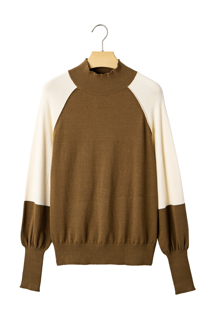 Colorblock Raglan Puff Sleeve Mock Neck Sweater