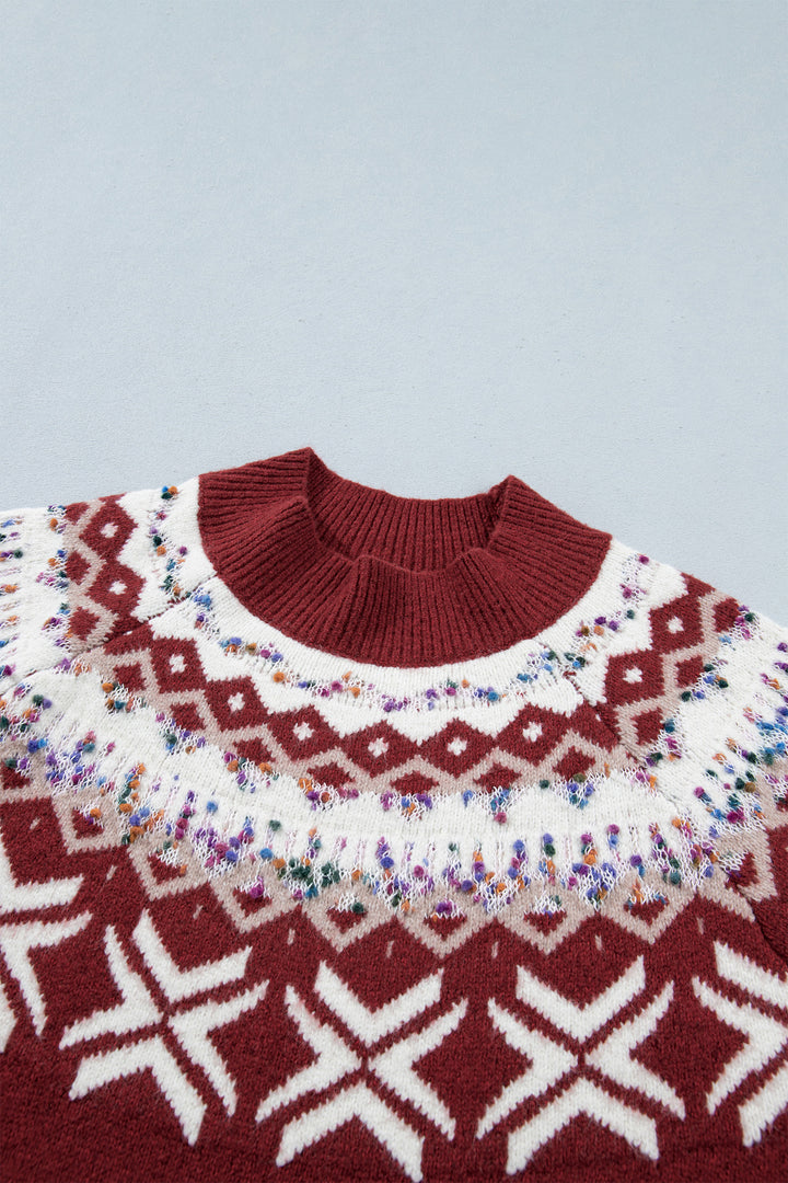 Red Dahlia Christmas Theme Geometric Pattern Knit Round Neck Shift Sweater