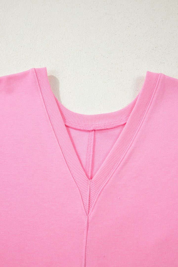 Pink Solid Color Raw Edge Half Sleeve Pocketed Loose Romper