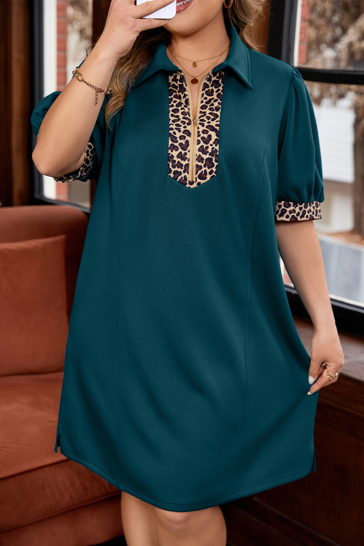 Sea Green Leopard Quarter Zip Collared Plus Size Mini Dress