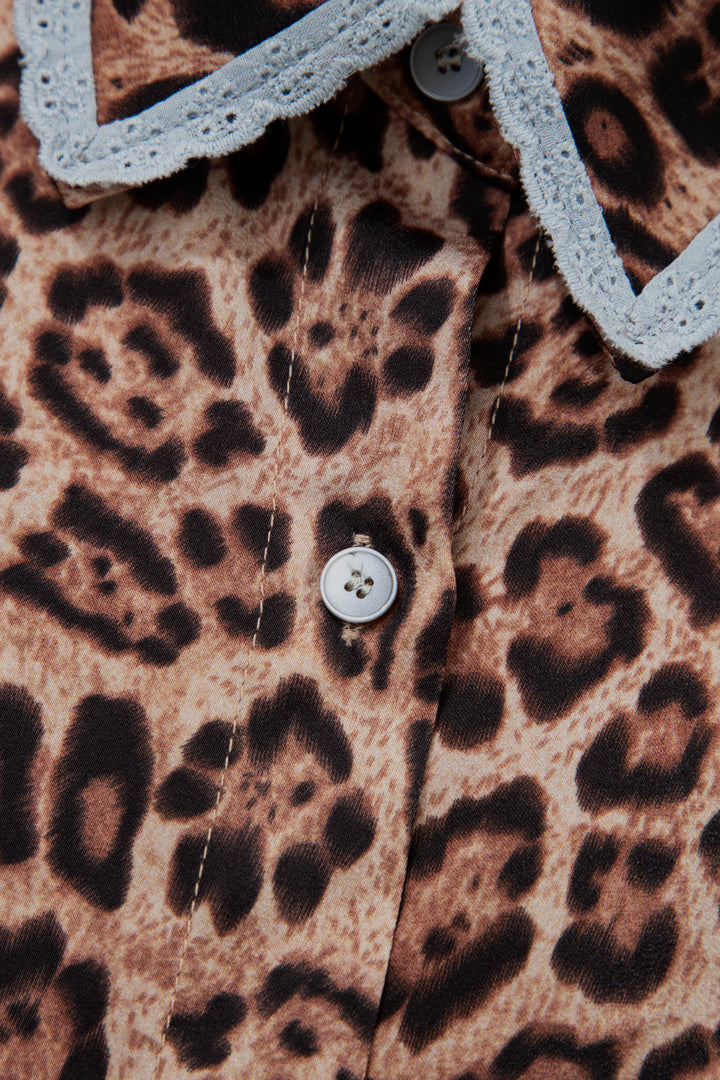 Khaki Leopard Print Lace Trim Shirt Collar Button Down Loose Mini Dress