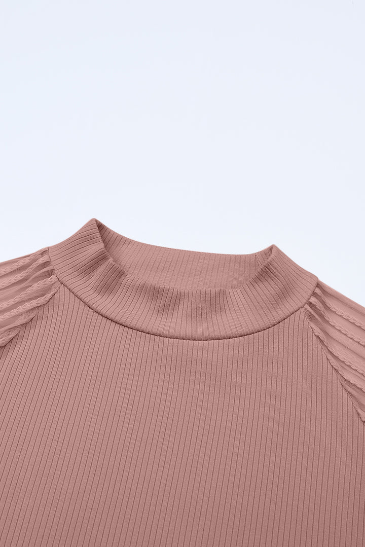 Pink Black Striped Mesh Long Sleeve Crewneck Ribbed Top