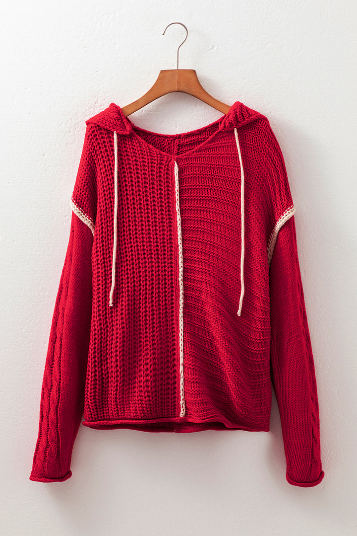 Color Contrast Trim Textured Knit Drawstring Hooded Sweater