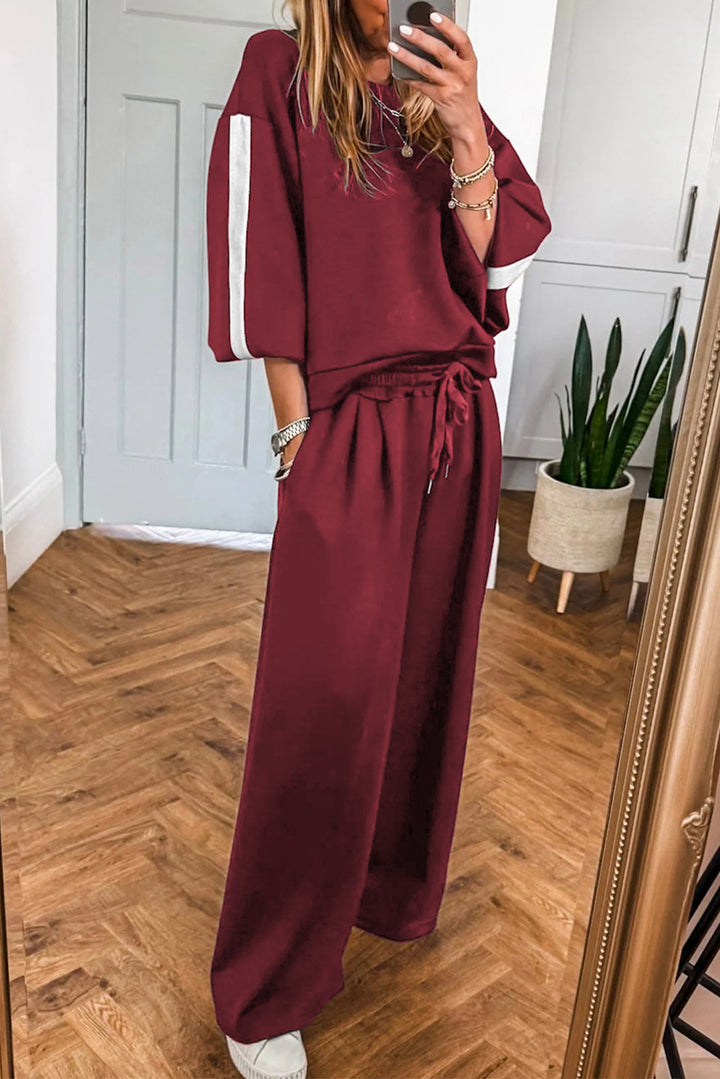 Burgundy Varsity Striped Long Sleeve Pullover Drawstring Sweatpants Set