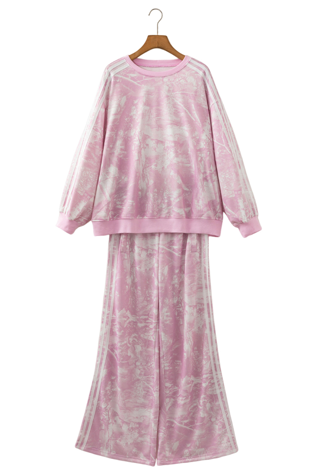 Pink Abstract Print Side Stripe Detail Long Sleeve Top Loose Pants Set