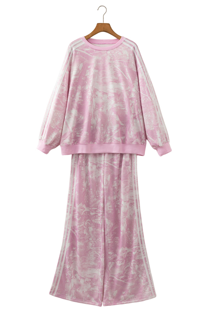 Pink Abstract Print Side Stripe Detail Long Sleeve Top Loose Pants Set