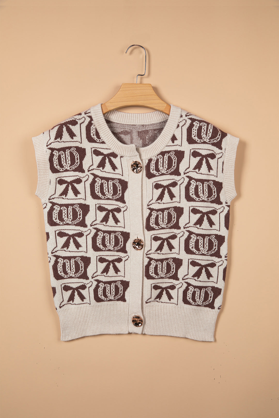 Brown Western Horseshoe Bow Pattern Sleeveless Knit Sweater