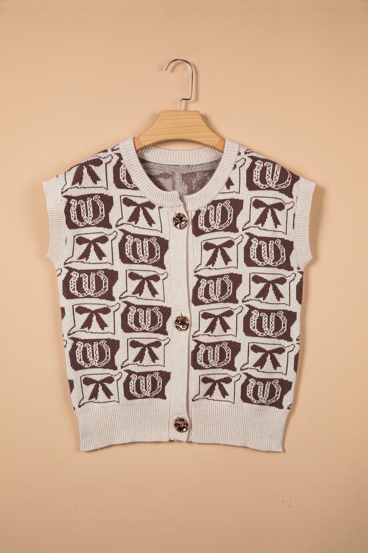 Brown Western Horseshoe Bow Pattern Sleeveless Knit Sweater