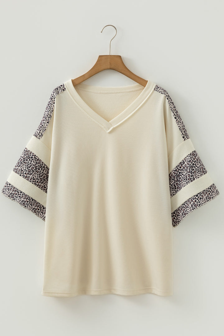 Apricot V Neck Exposed Seam Leopard Color Block Patchwork Half Sleeve Top