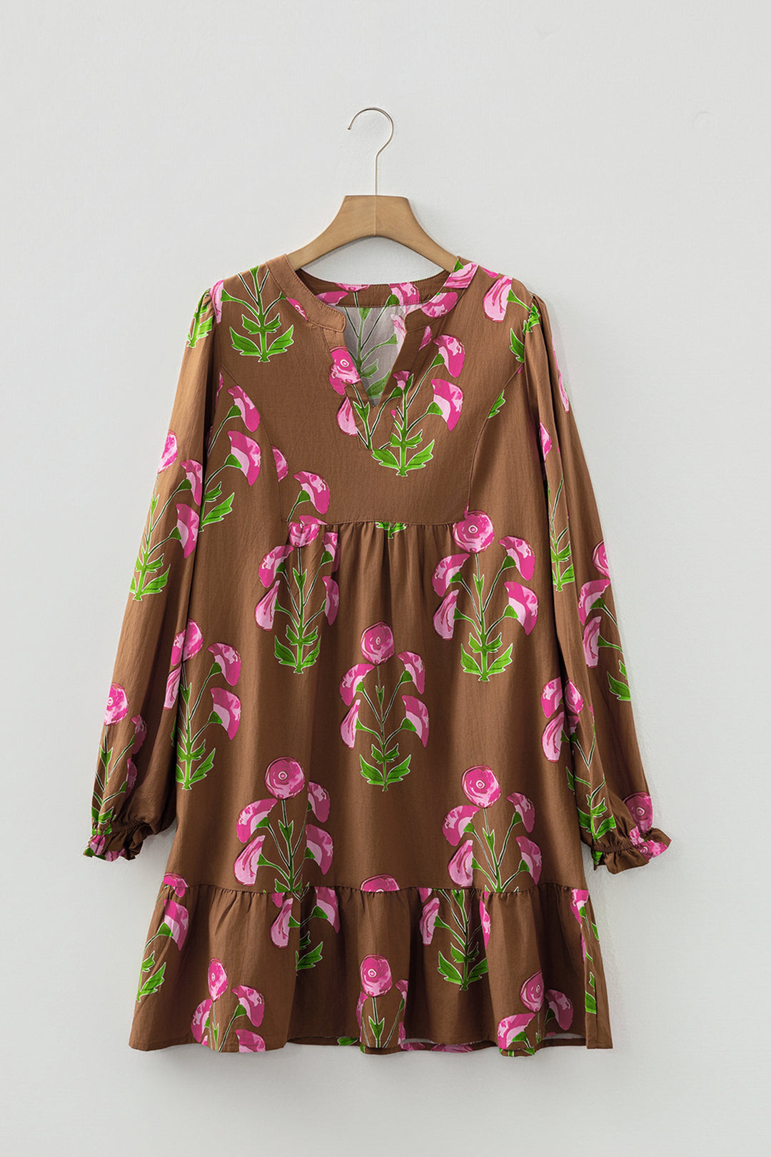 Contrast Floral Print Babydoll Tunic Ruffled Hem Puff Sleeve Dress