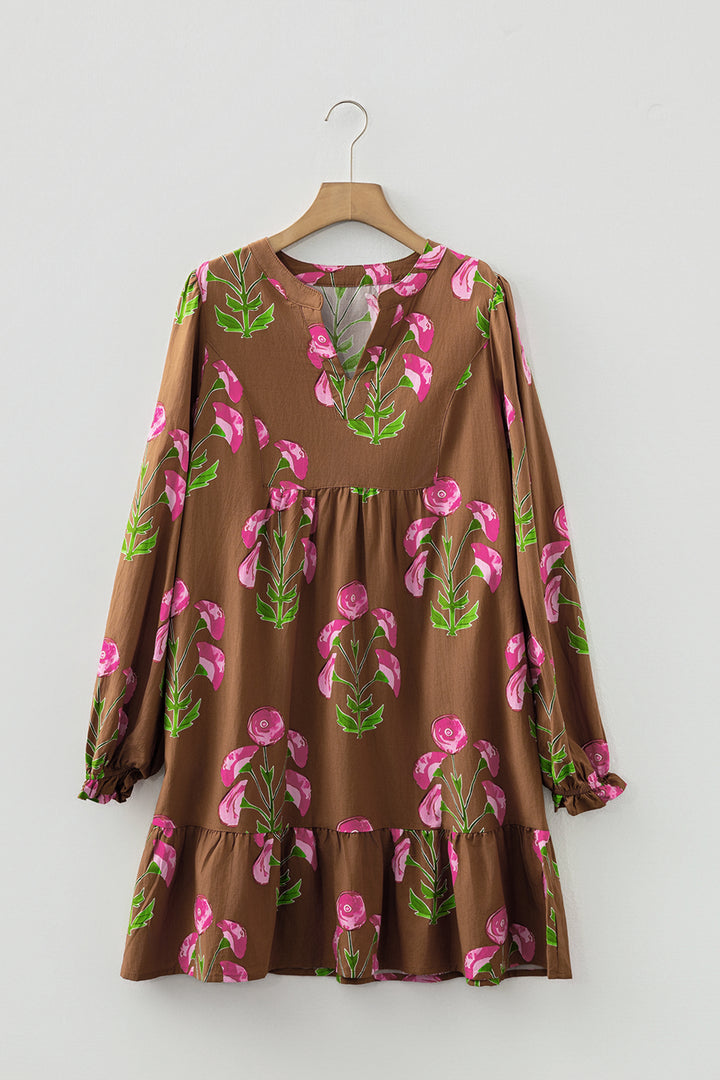 Contrast Floral Print Babydoll Tunic Ruffled Hem Puff Sleeve Dress