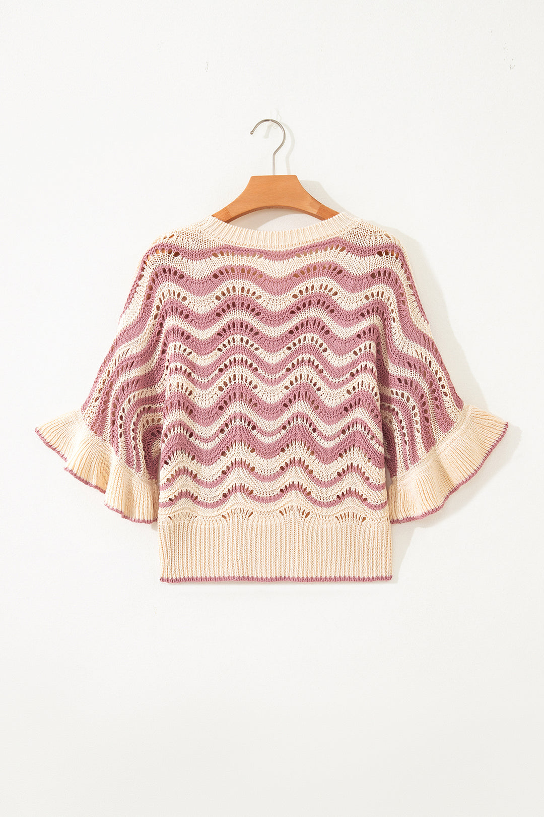Beige Stripe Wavy Crochet Eyelet Detail Ruffle Half Sleeve Sweater